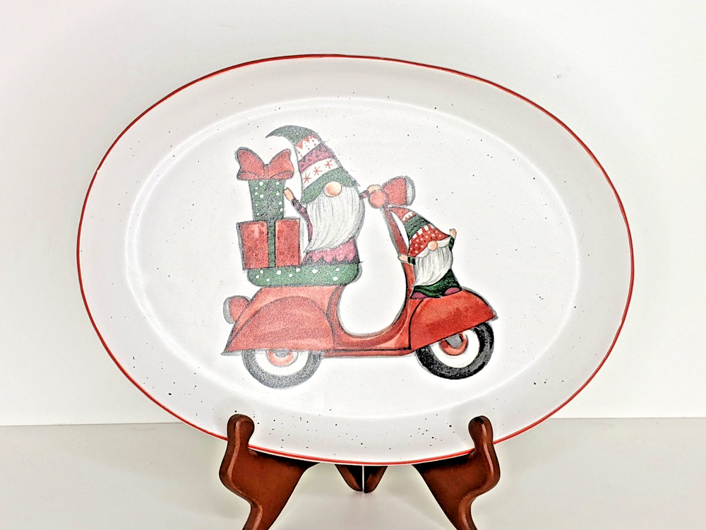 Peppermint & Pine Christmas GNOME Elf Serving Oval PLATTER Scooter Stoneware NEW
